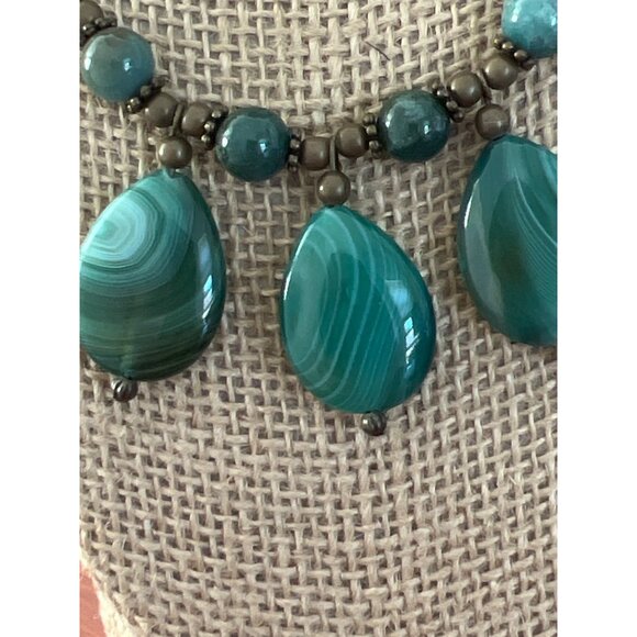 Vintage Green Striped Agate Necklace Teardrop Pendant Brass 17" + 3" extender - Picture 2 of 5